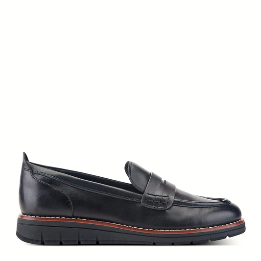 Side view of a black leather penny loafer on a lightweight wedge sole