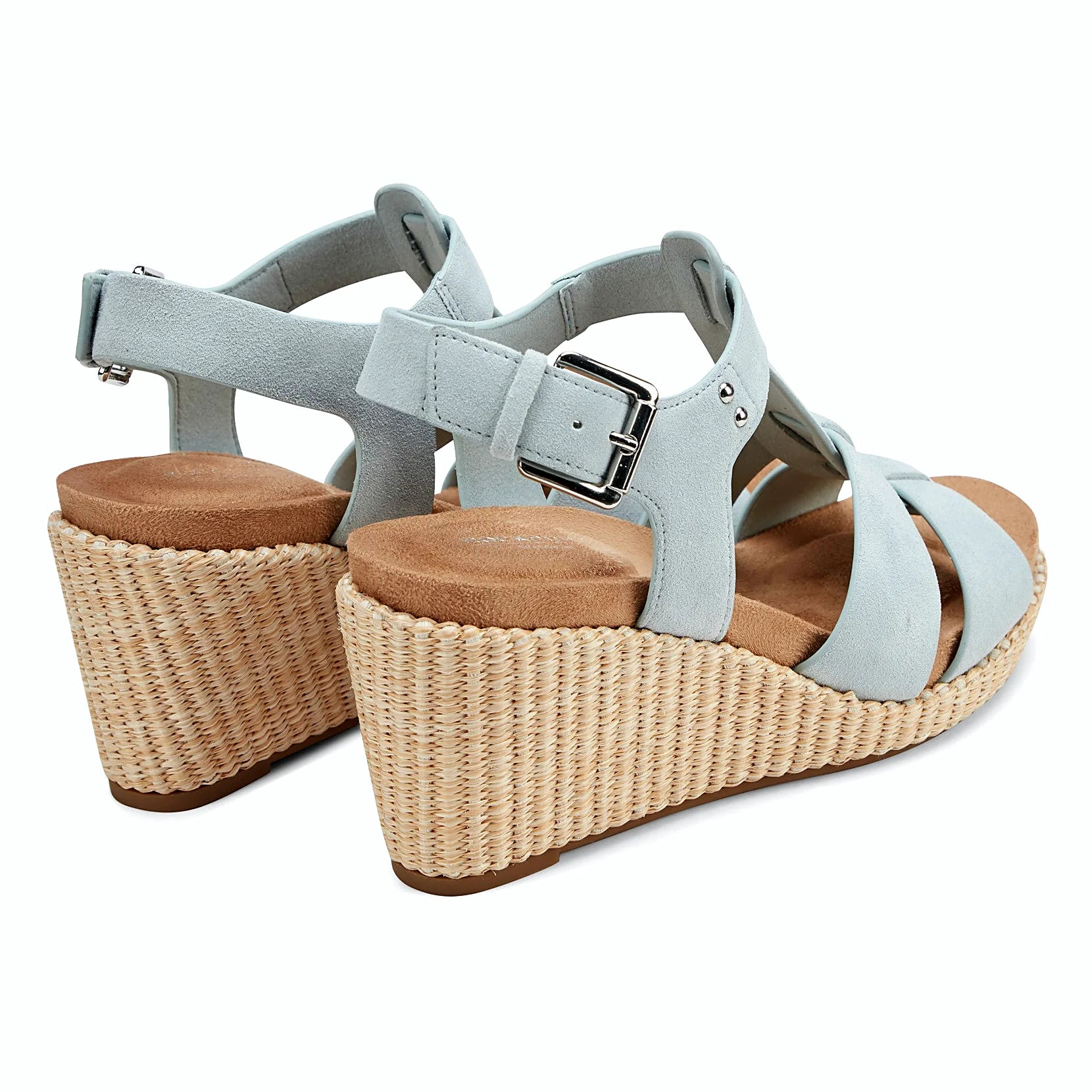 Rear view of a wedge sandal showing the woven-wrapped wedge and ankle buckle
