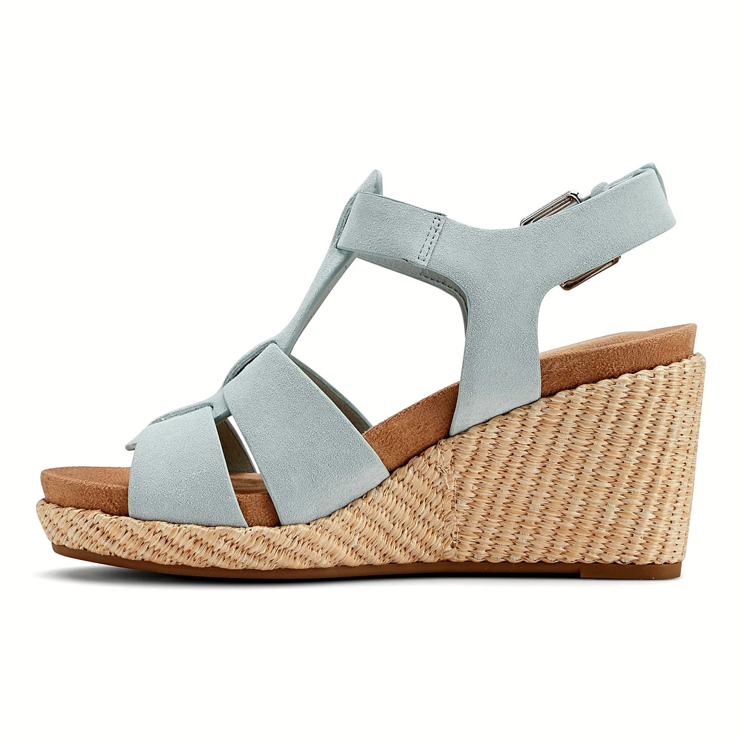 Pair of woven wedge sandals photographed from above on a plain background