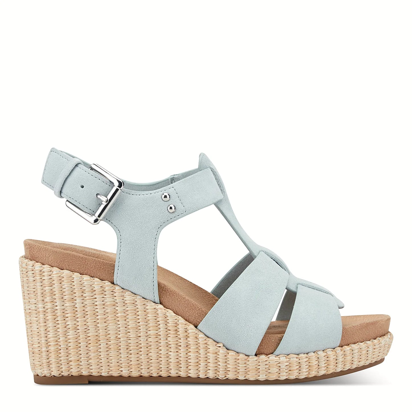 Side view of a light blue wedge sandal with leather bands woven at the forefoot