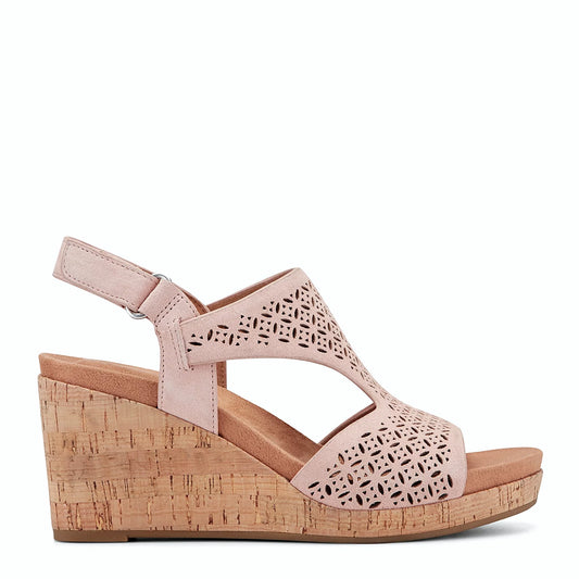 Side view of a light pink wedge sandal with a perforated T-strap upper