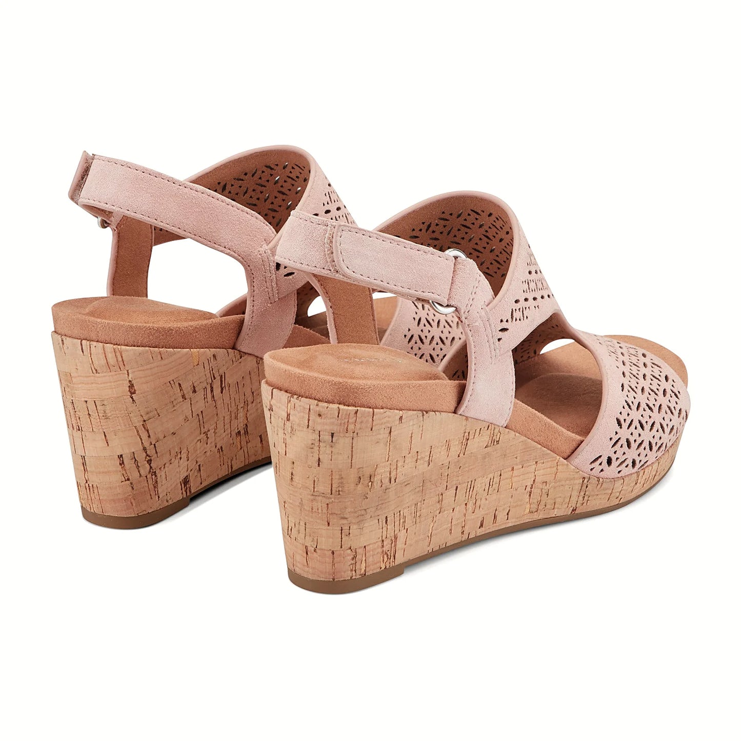 Rear view of a wedge sandal showing the slingback strap and cork-wrapped wedge