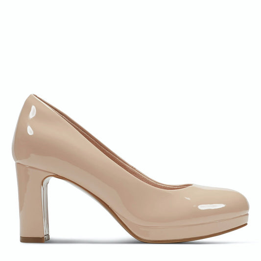 Side view of a light natural patent platform pump with a sculpted block heel