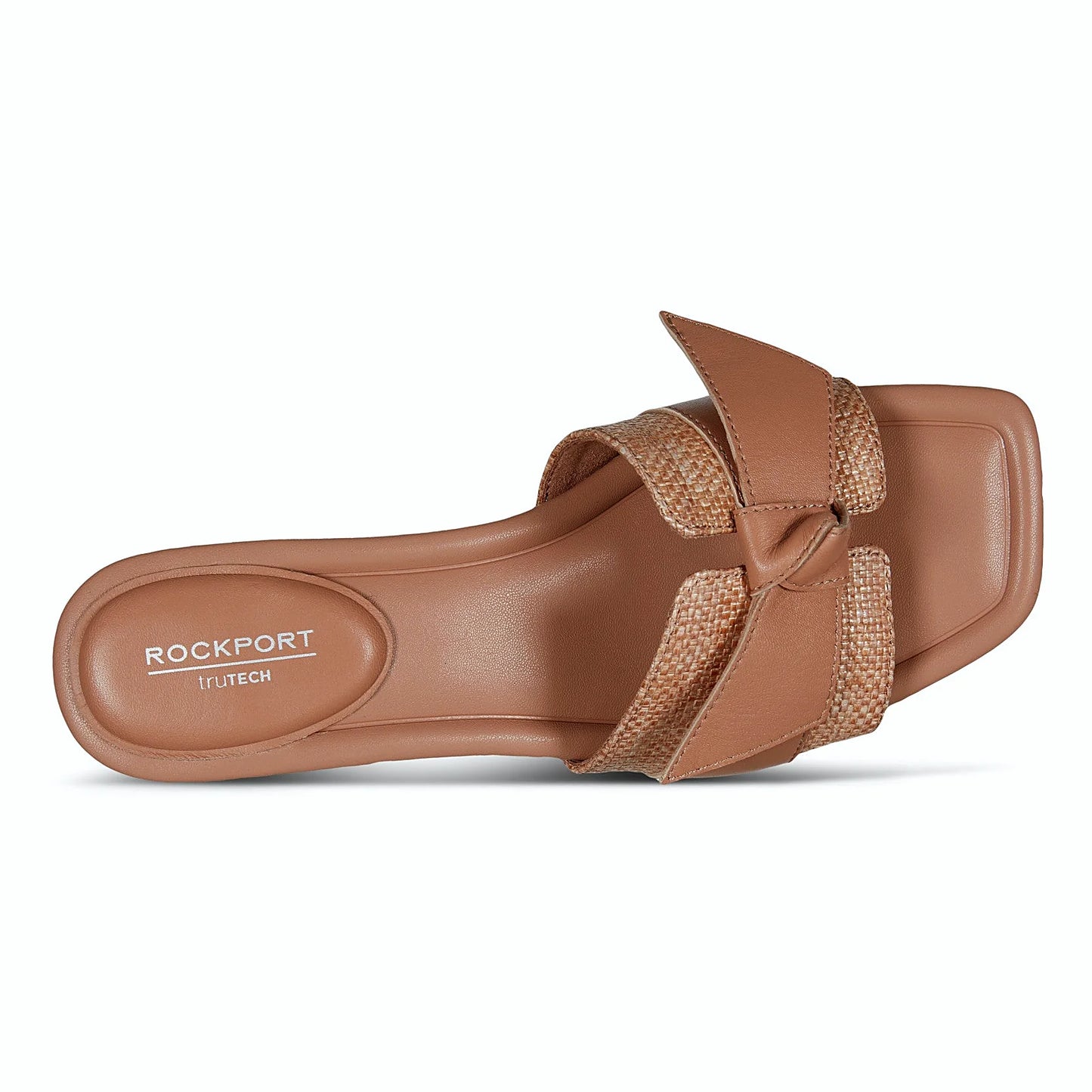 Pair of knotted slide sandals photographed from above on a plain background
