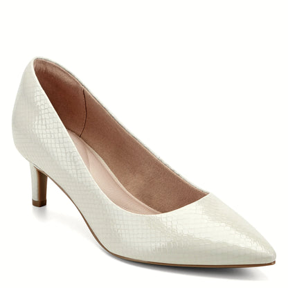 Close view of the clean pointed toe on a slip-on dress pump
