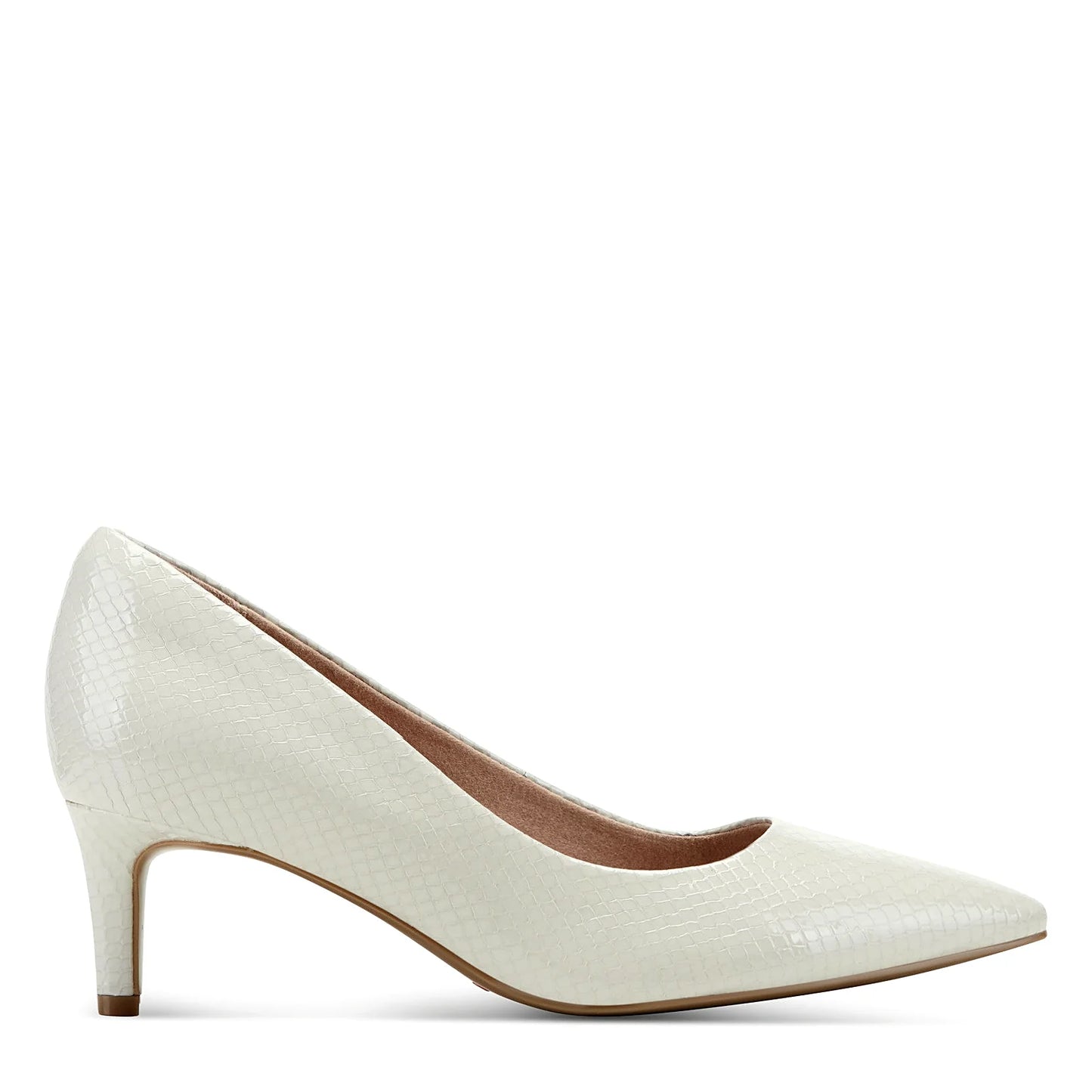 Side view of a light gray leather pointed pump with a slip-on silhouette