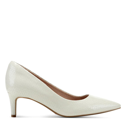 Side view of a light gray leather pointed pump with a slip-on silhouette