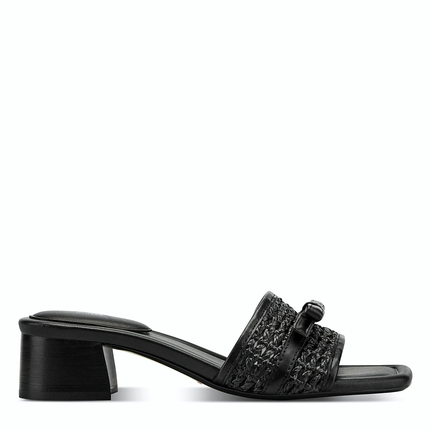 Side view of a black leather slide sandal with an open square toe