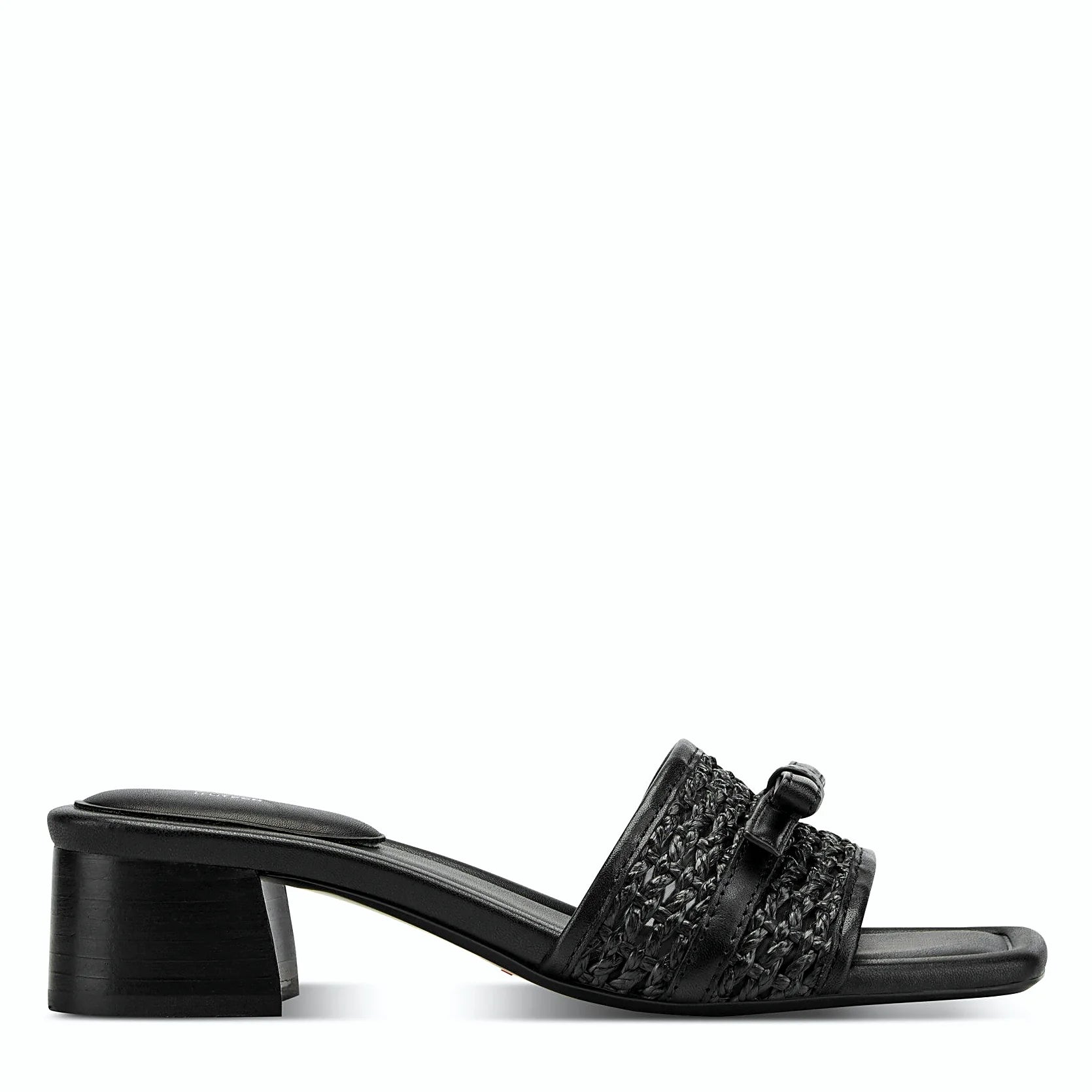 Side view of a black leather slide sandal with an open square toe