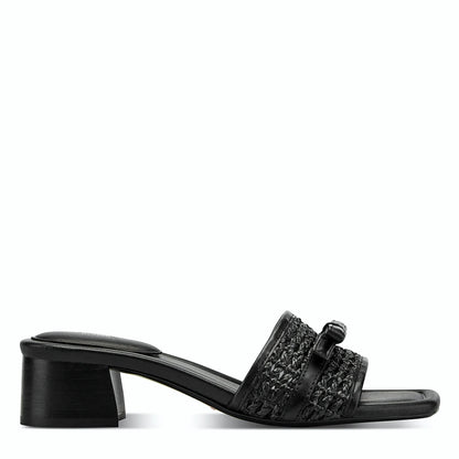 Side view of a black leather slide sandal with an open square toe