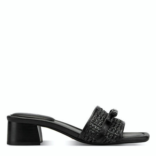 Side view of a black leather slide sandal with an open square toe