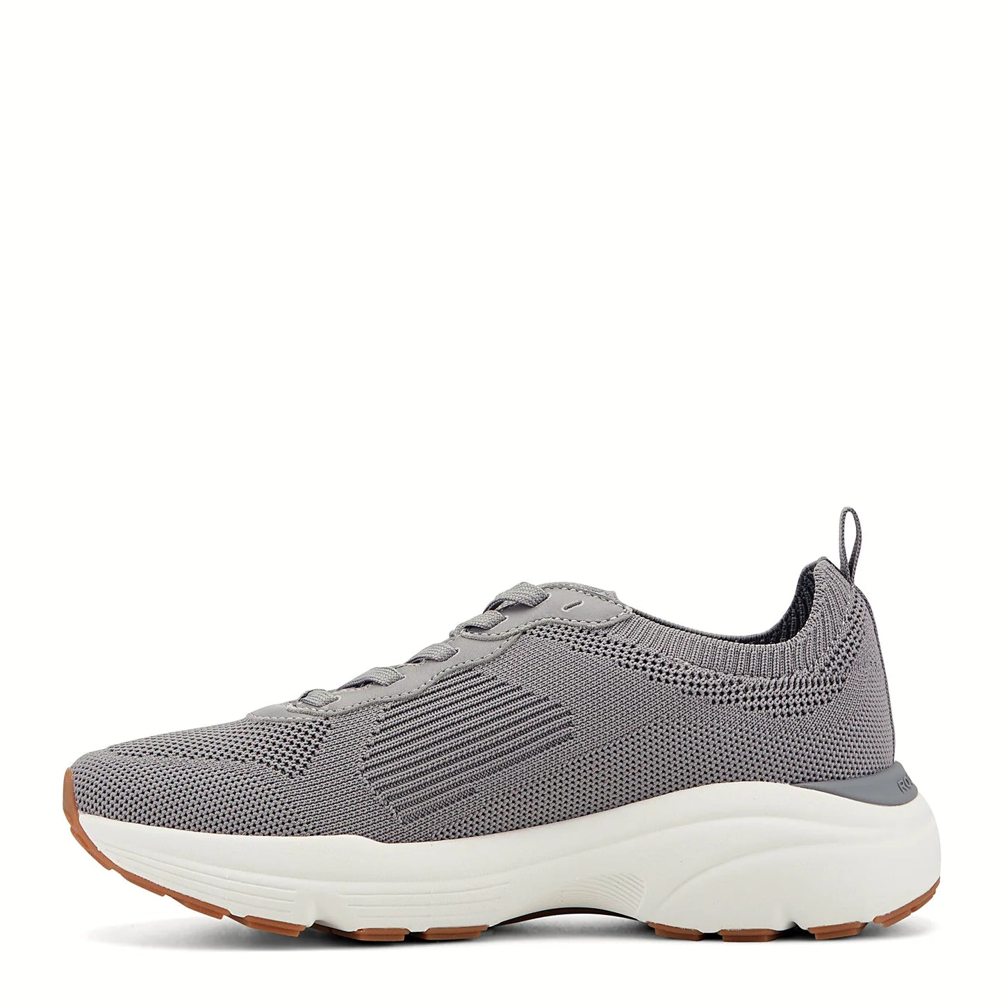 Pair of lace-up knit sneakers photographed from above on a plain background