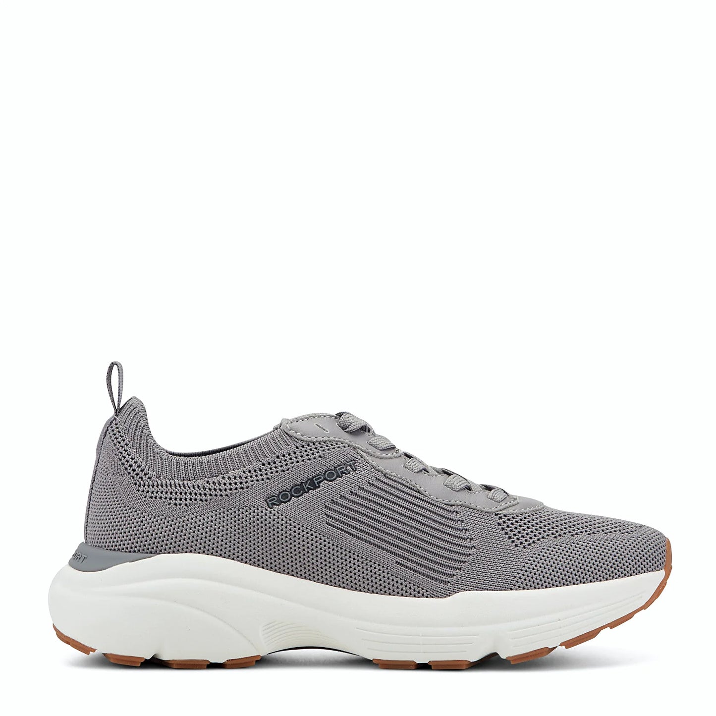 Side view of a medium gray knit sneaker with tonal overlays along the laces