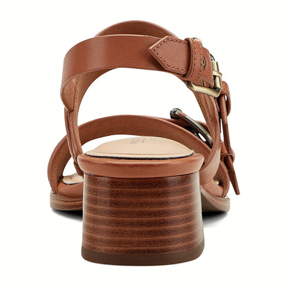 Rear view of a slingback sandal showing the wood-grain block heel
