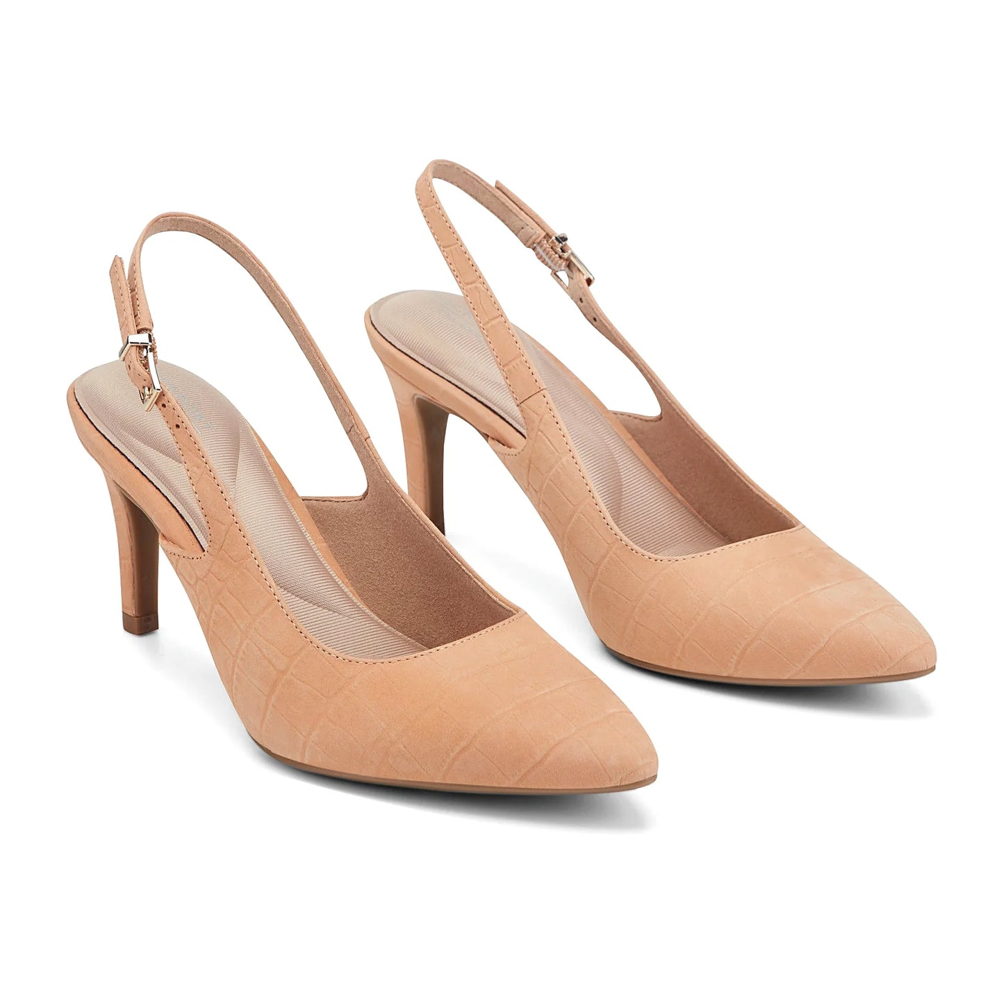 Close view of the adjustable buckle strap on a pointed dress pump