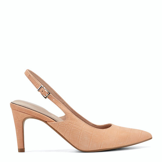 Side view of an orange leather pointed pump with a buckled strap across the instep