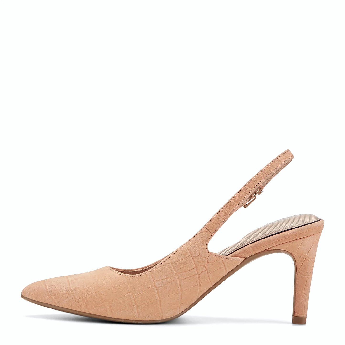 Pair of buckled pointed pumps photographed from above on a plain background
