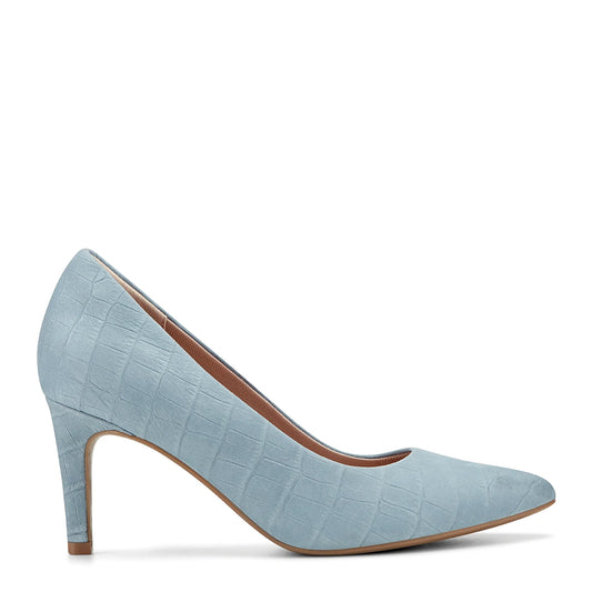 Side view of a light blue leather pointed pump on a slim stiletto heel