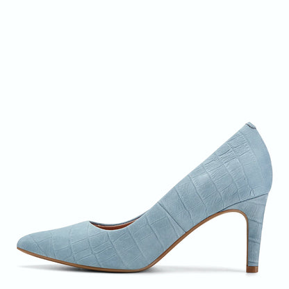 Pair of pointed dress pumps photographed from above on a plain background