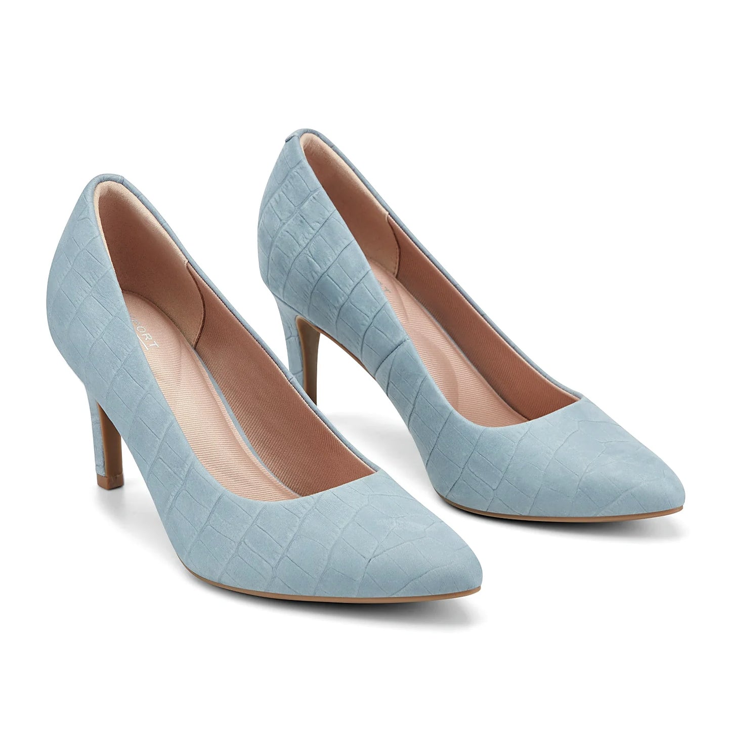 Angled view of a dress pump showing the pointed toe and grosgrain-lined collar