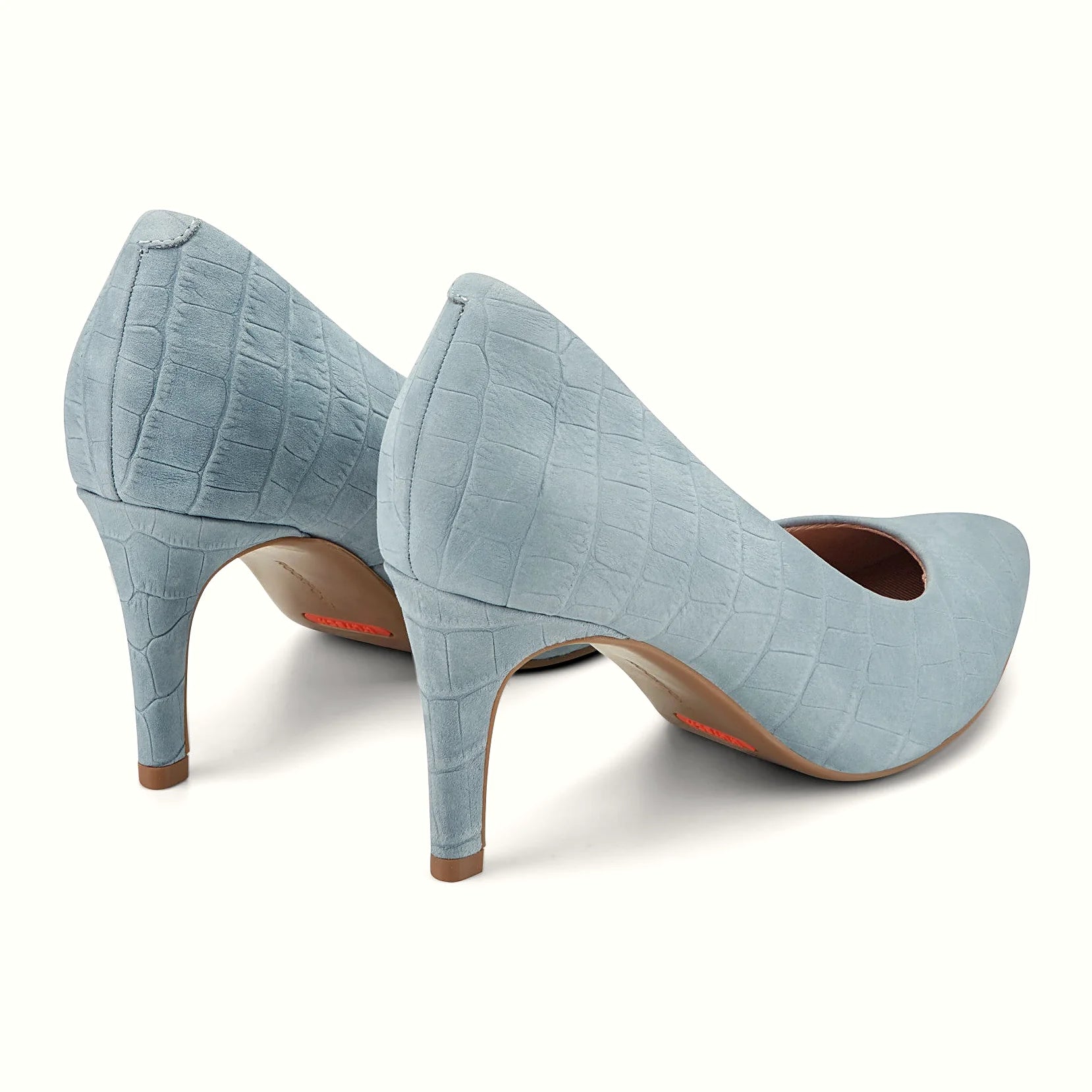 Rear view of a stiletto dress pump showing the heel profile