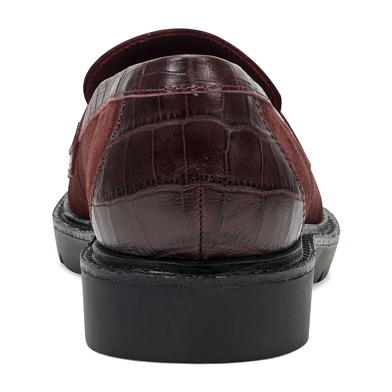 Rear view of a lug sole loafer showing the heel and tread