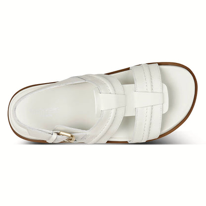 Pair of fisherman slingback sandals photographed from above on a plain background