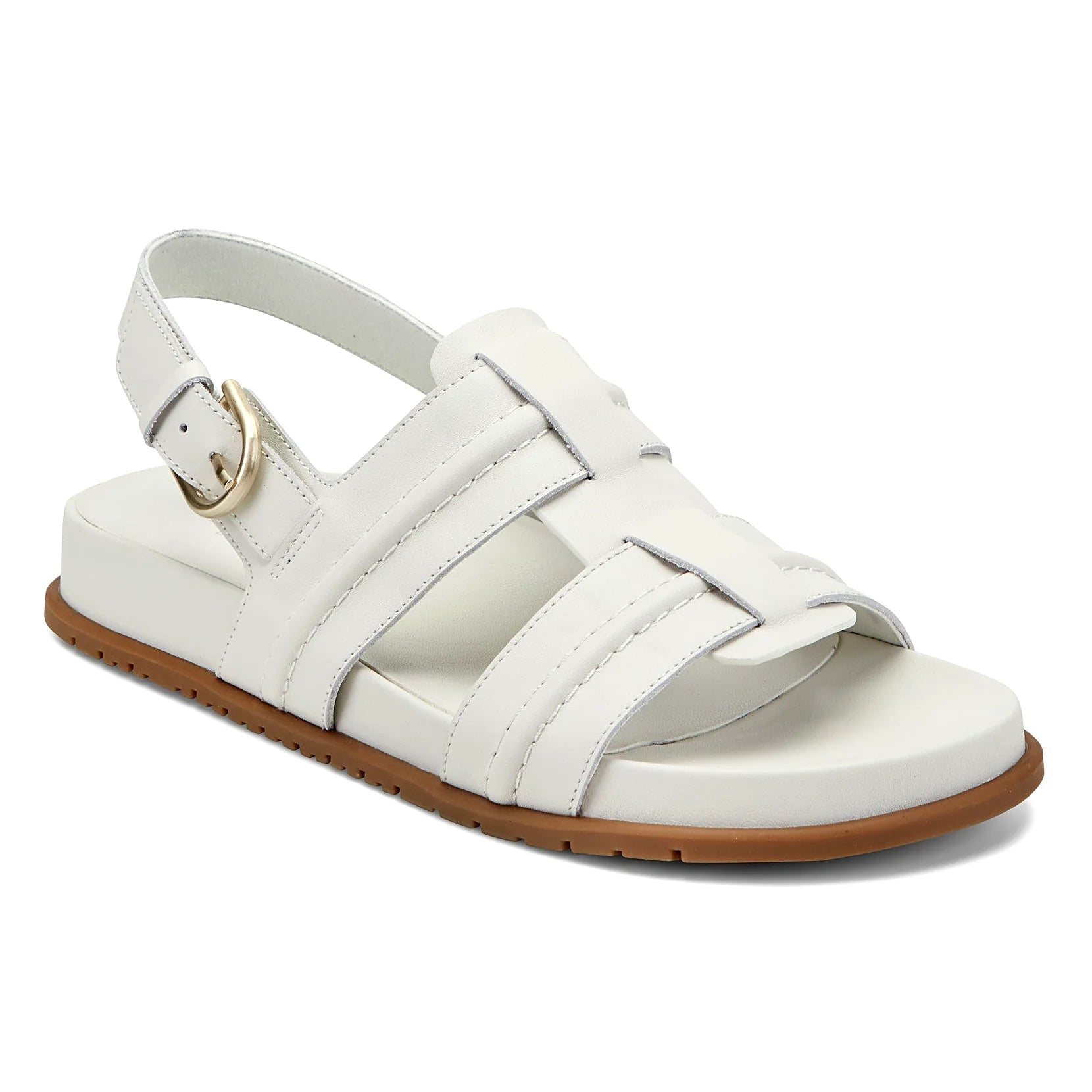 Close view of the caged strapwork across the forefoot of a fisherman sandal