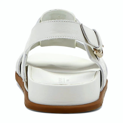 Rear view of a fisherman sandal showing the buckled slingback strap