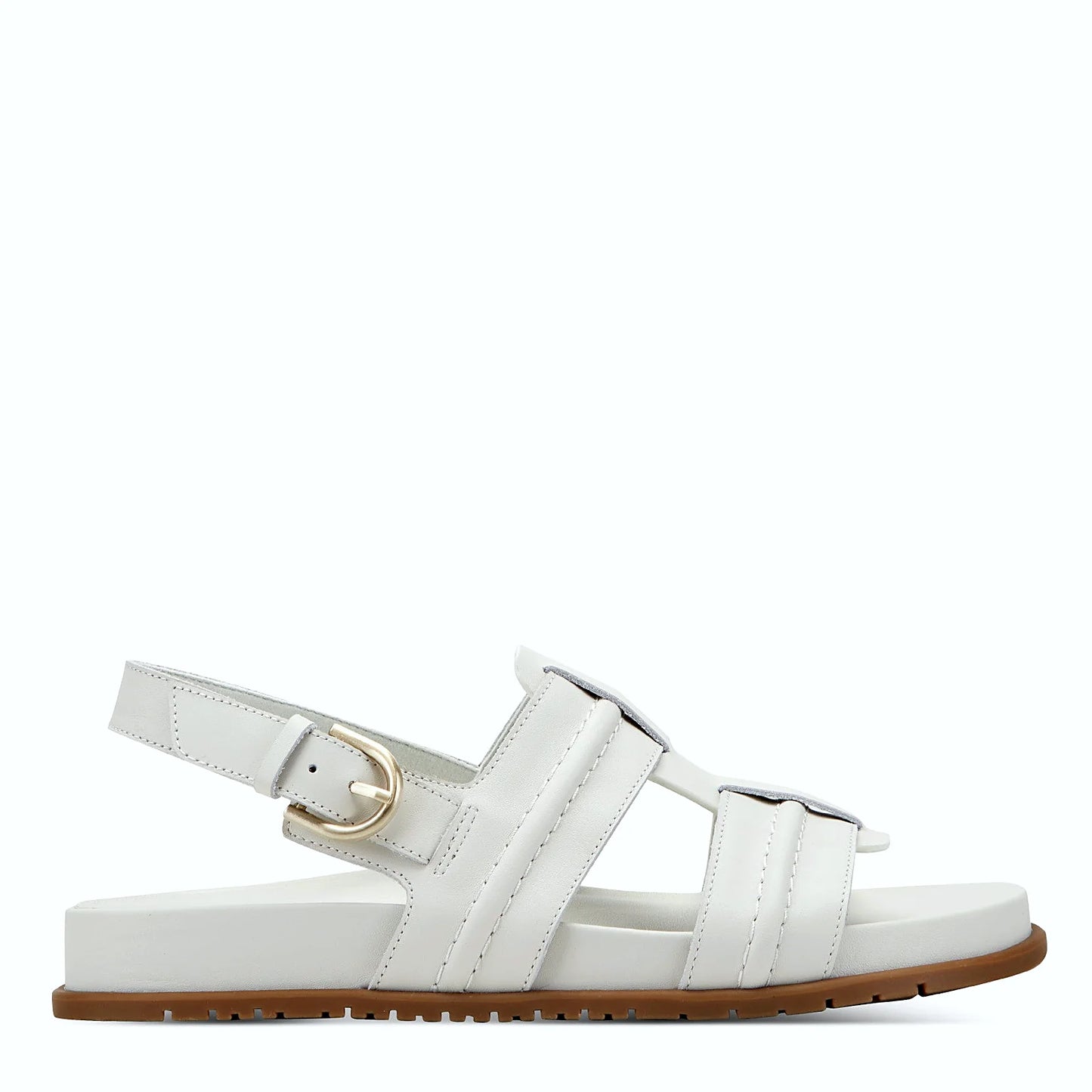 Side view of a white leather fisherman sandal with wide interwoven straps
