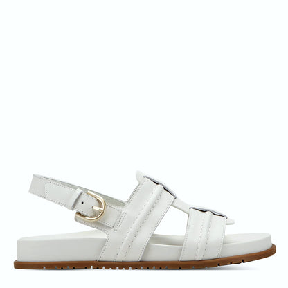 Side view of a white leather fisherman sandal with wide interwoven straps