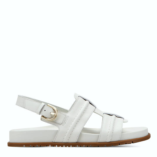 Side view of a white leather fisherman sandal with wide interwoven straps