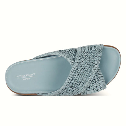 Pair of crisscross slide sandals photographed from above on a plain background