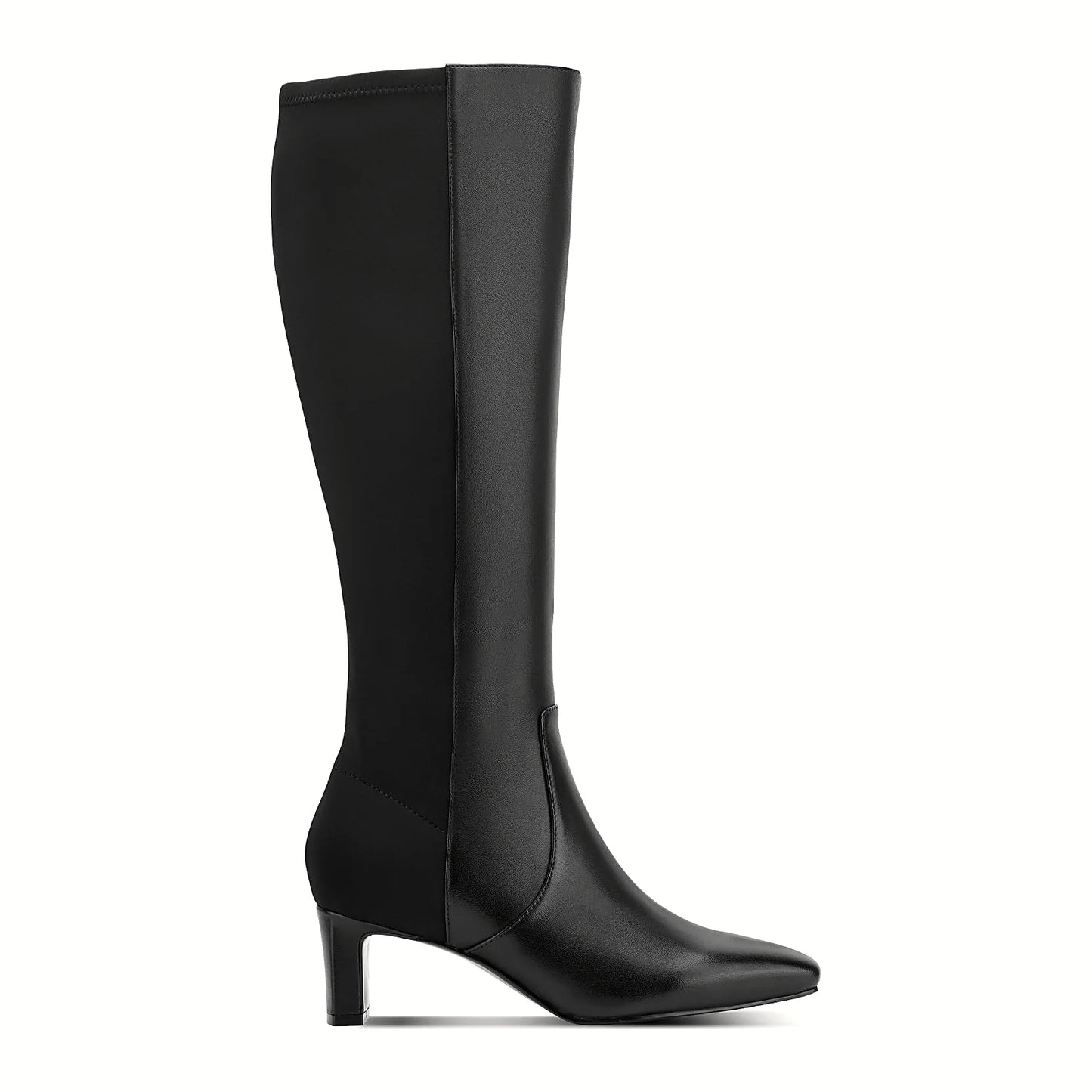 Side view of a black tall dress boot with a straight topline