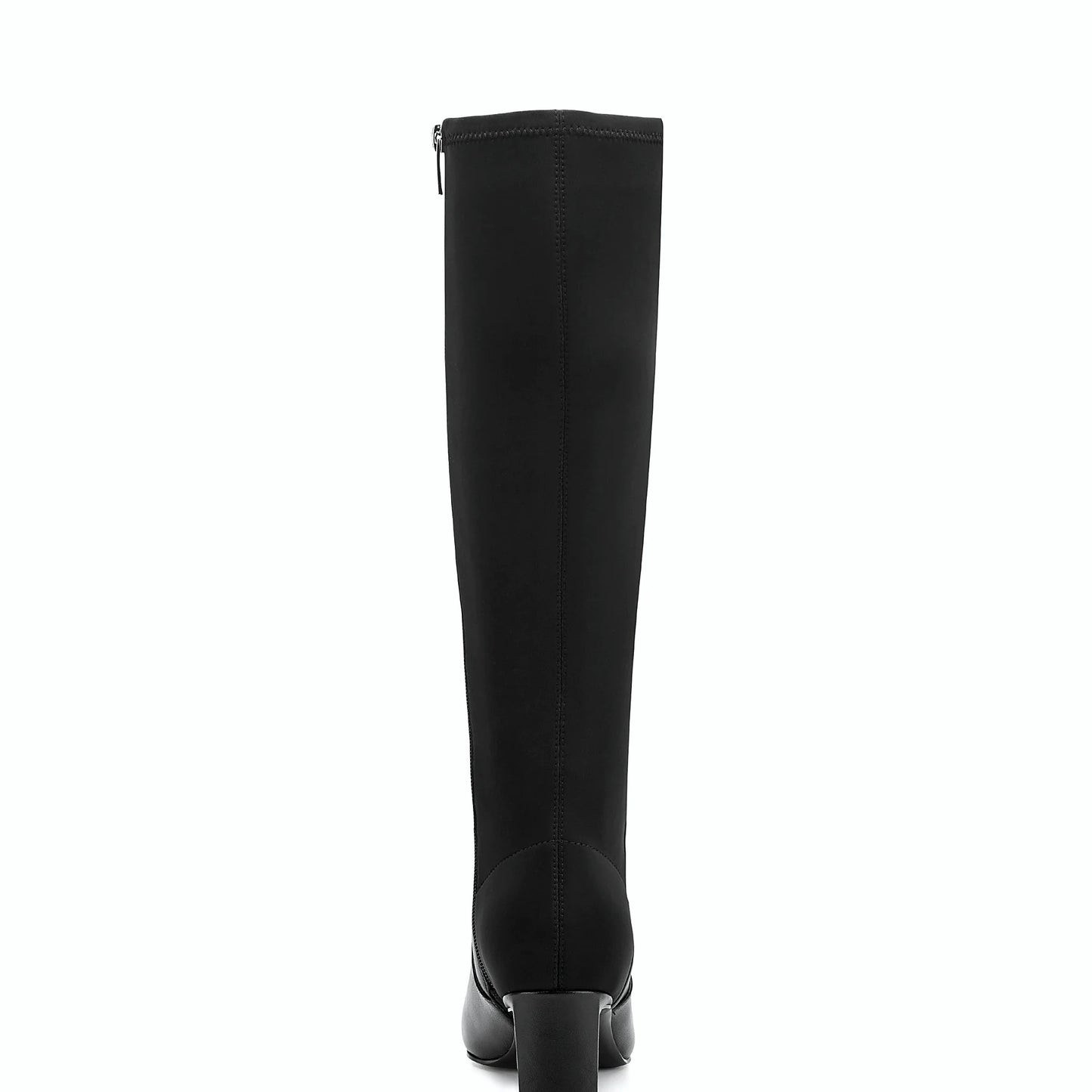 Rear view of a tall dress boot showing the sculpted block heel