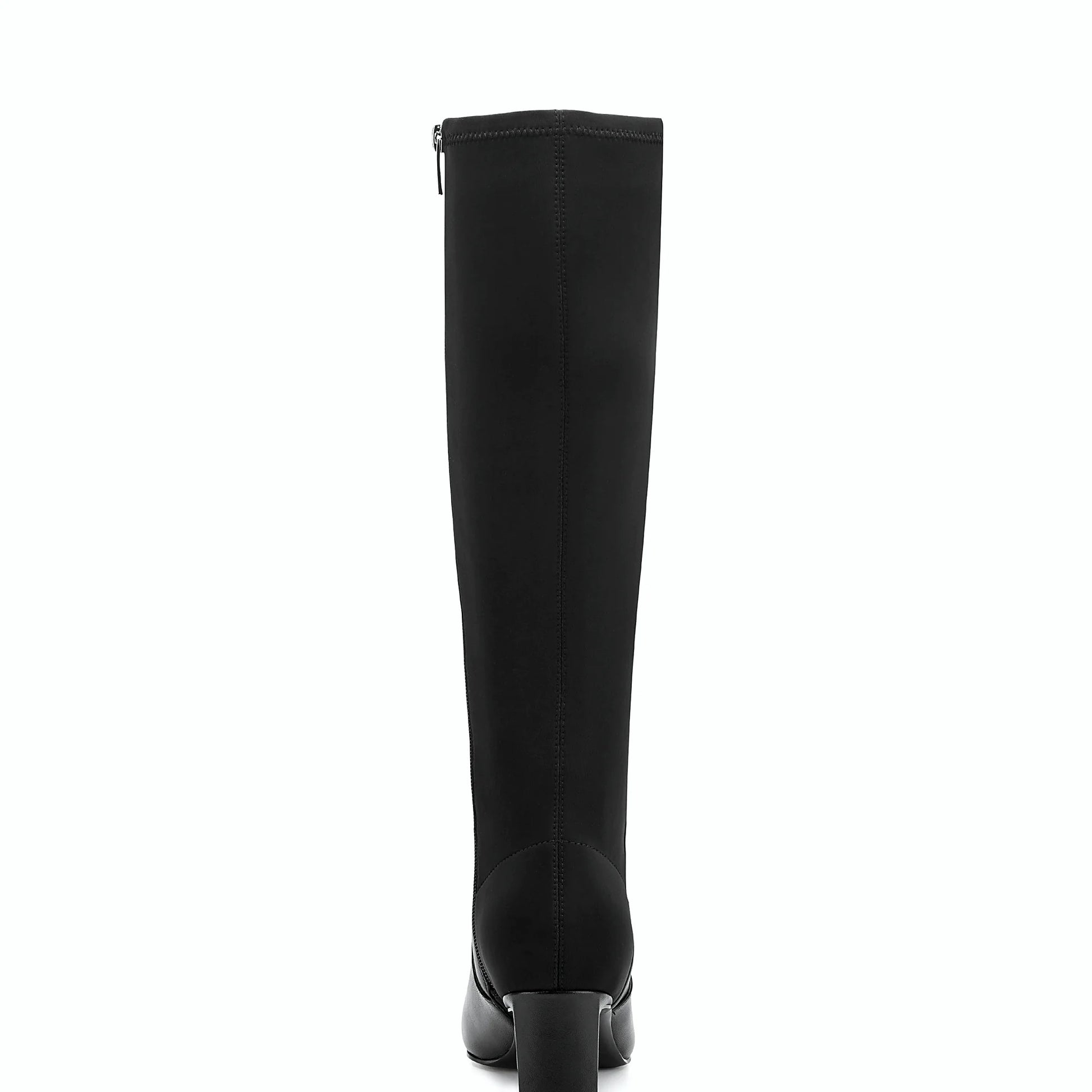 Rear view of a tall dress boot showing the sculpted block heel
