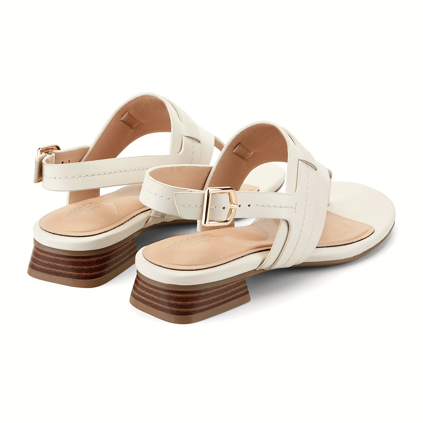 Rear view of a thong sandal showing the gold-tone slingback buckle