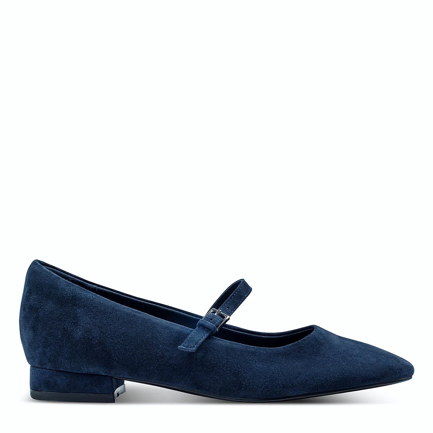 Side view of a dark blue suede pointed flat with a mary jane strap