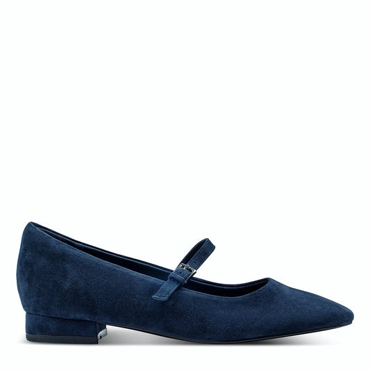 Side view of a dark blue suede pointed flat with a mary jane strap