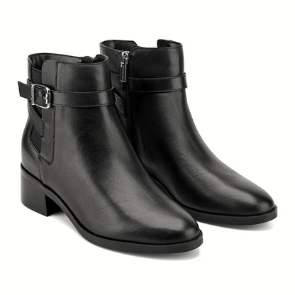 Close view of the ankle strap detail on a black bootie