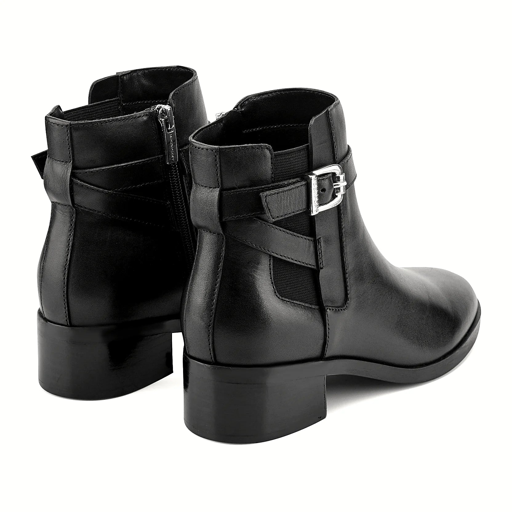 Rear view of an ankle bootie showing the heel and back seam