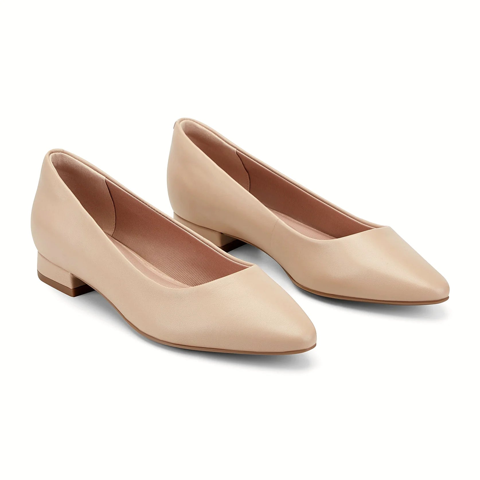 Close view of the pointed toe and clean vamp of a dress flat