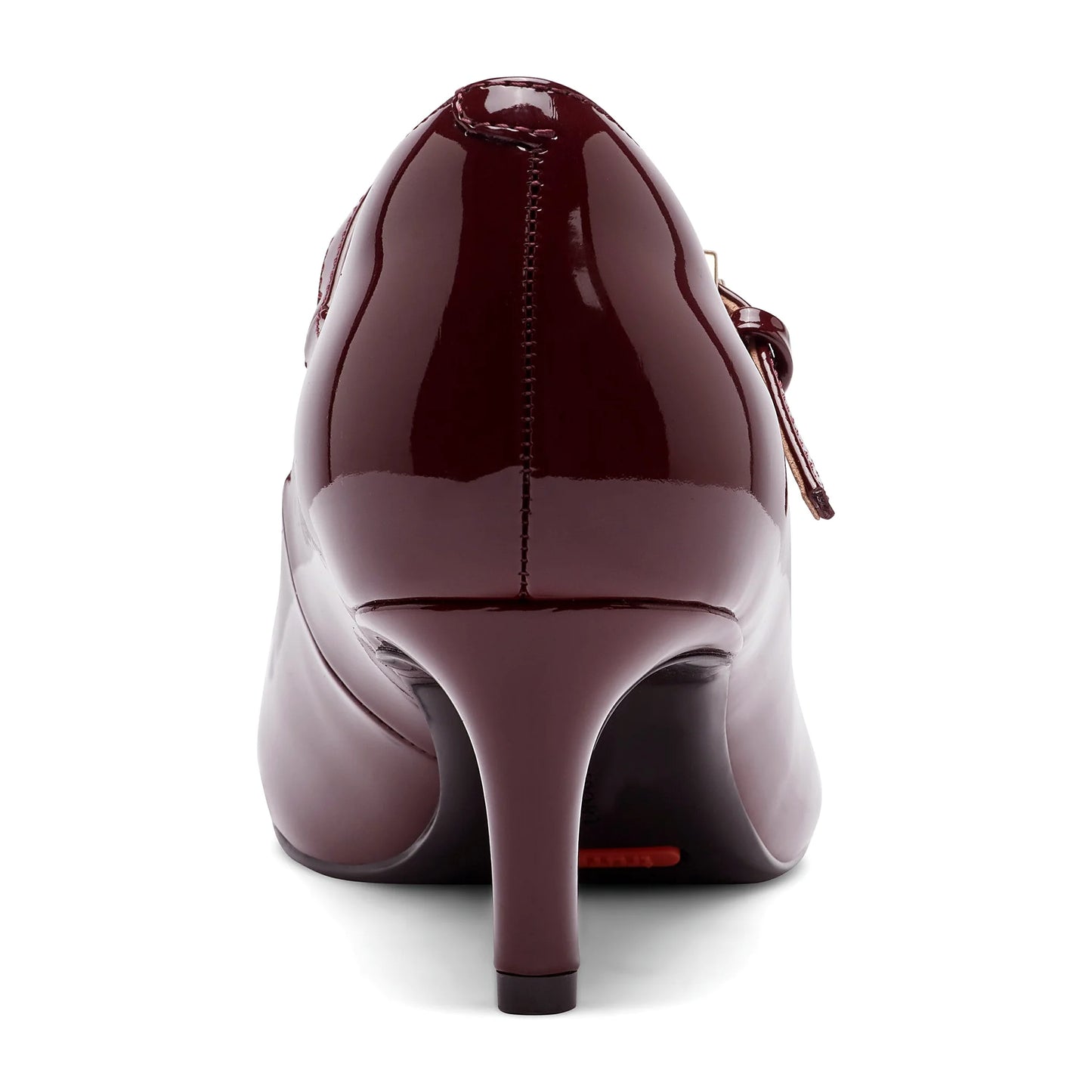 Rear view of a mary jane pump showing the mid-height stiletto