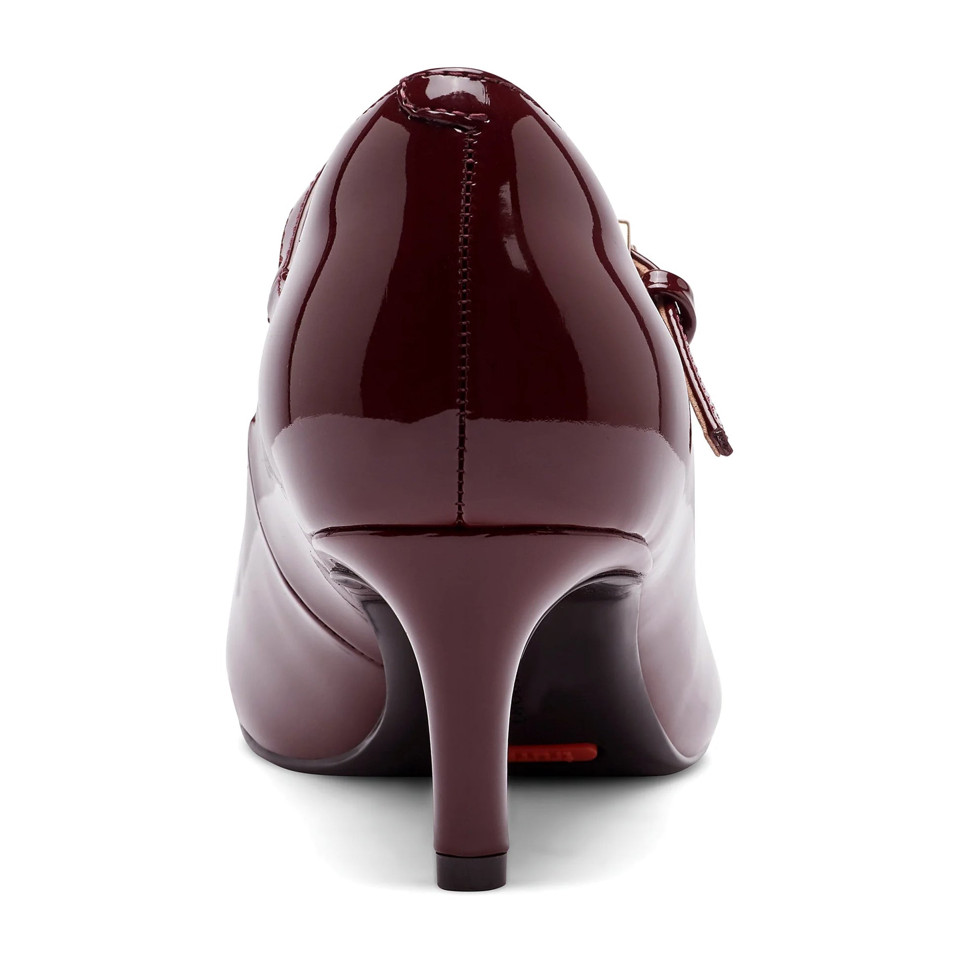 Rear view of a mary jane pump showing the mid-height stiletto