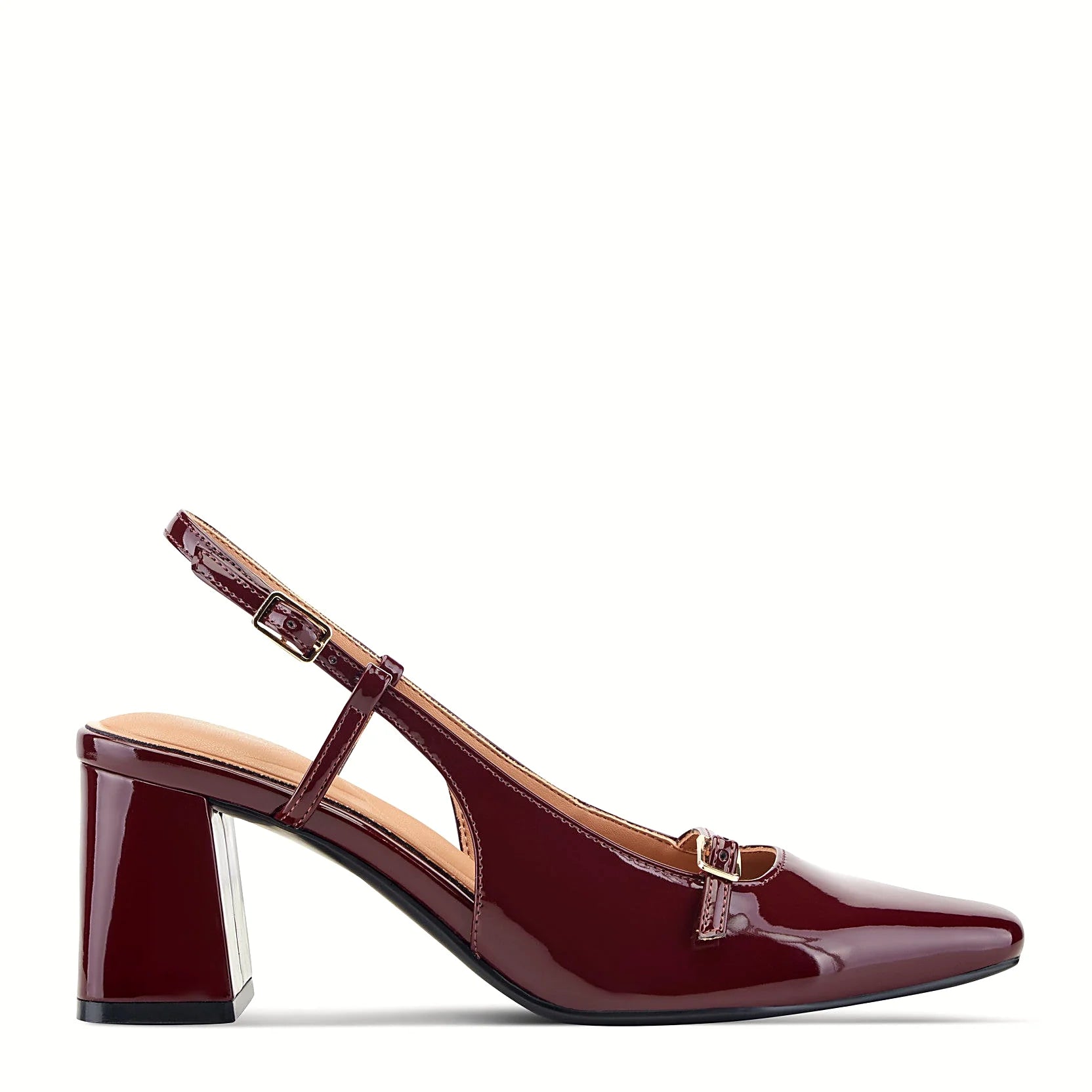 Side view of a dark red patent slingback pump with a structured block heel