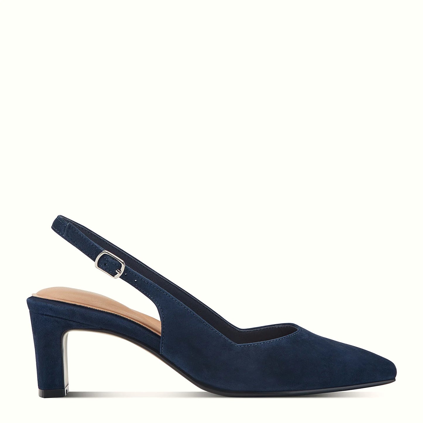 Side view of a dark blue suede pump with an adjustable backstrap
