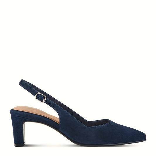 Side view of a dark blue suede pump with an adjustable backstrap