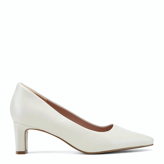 Side view of an ivory leather block heel pump with a softly squared toe