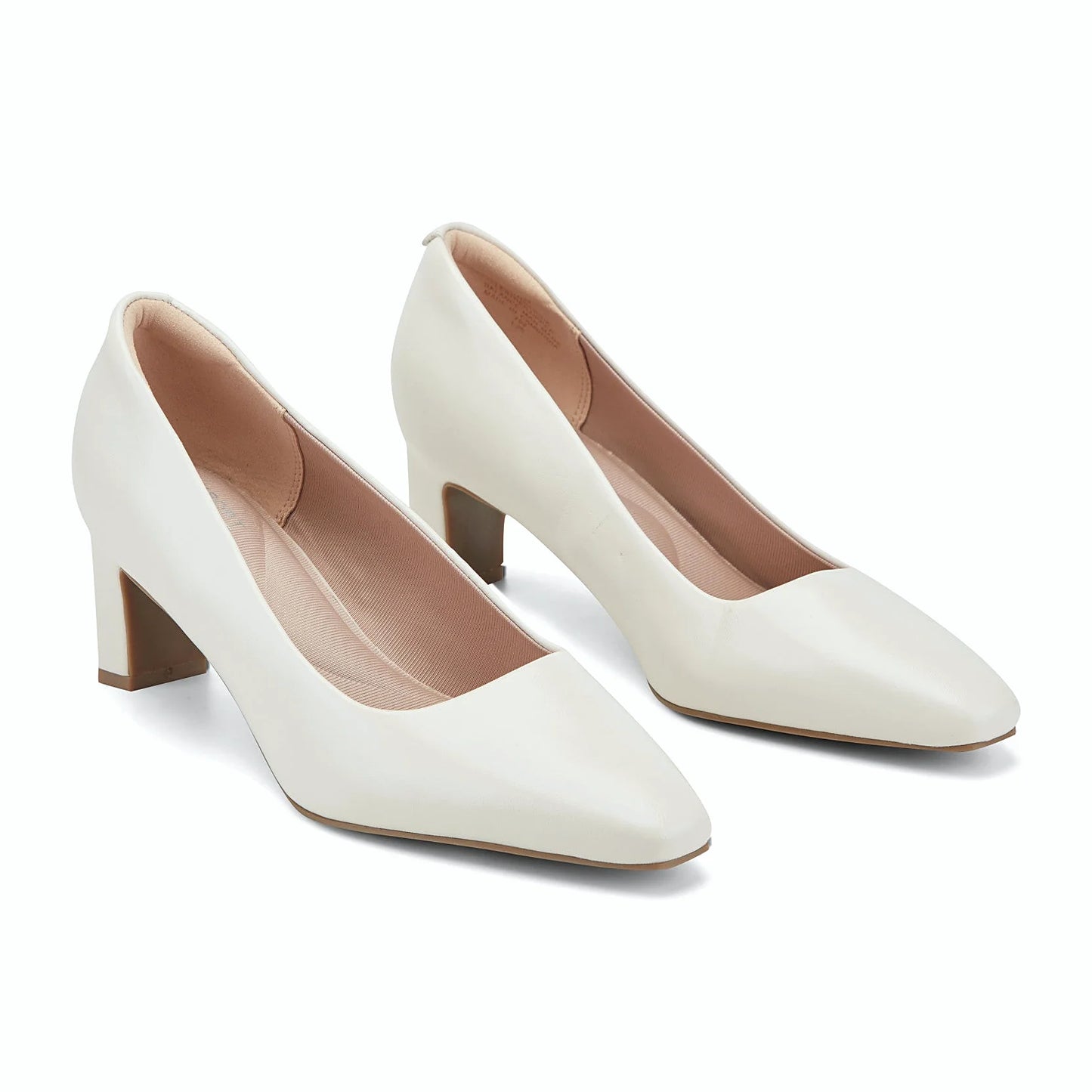 Angled view of a block heel pump showing the squared toe and heel height