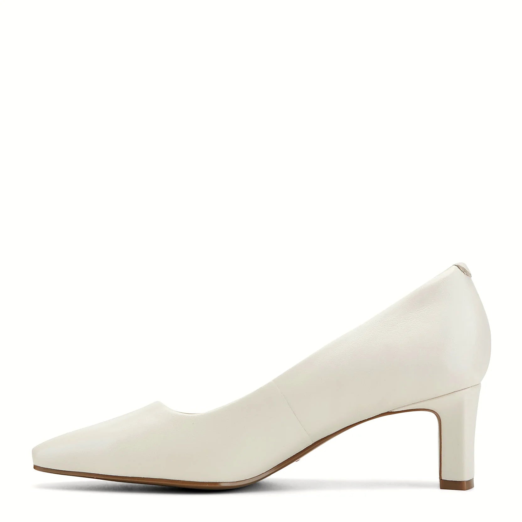 Pair of block heel pumps photographed from above on a plain background